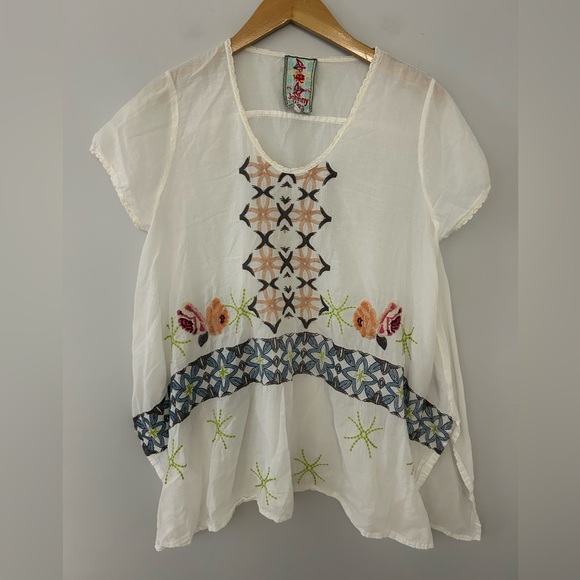 Johnny Was Colorful Embroidered Flowy White Top - Picture 1 of 6